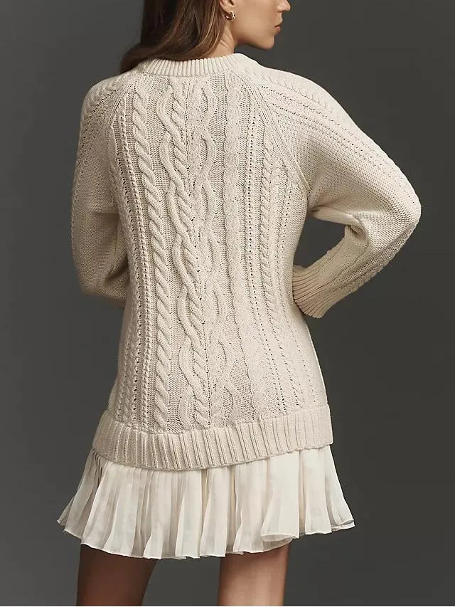 Women Crewneck Cable Knit Sweater Mini Dress
