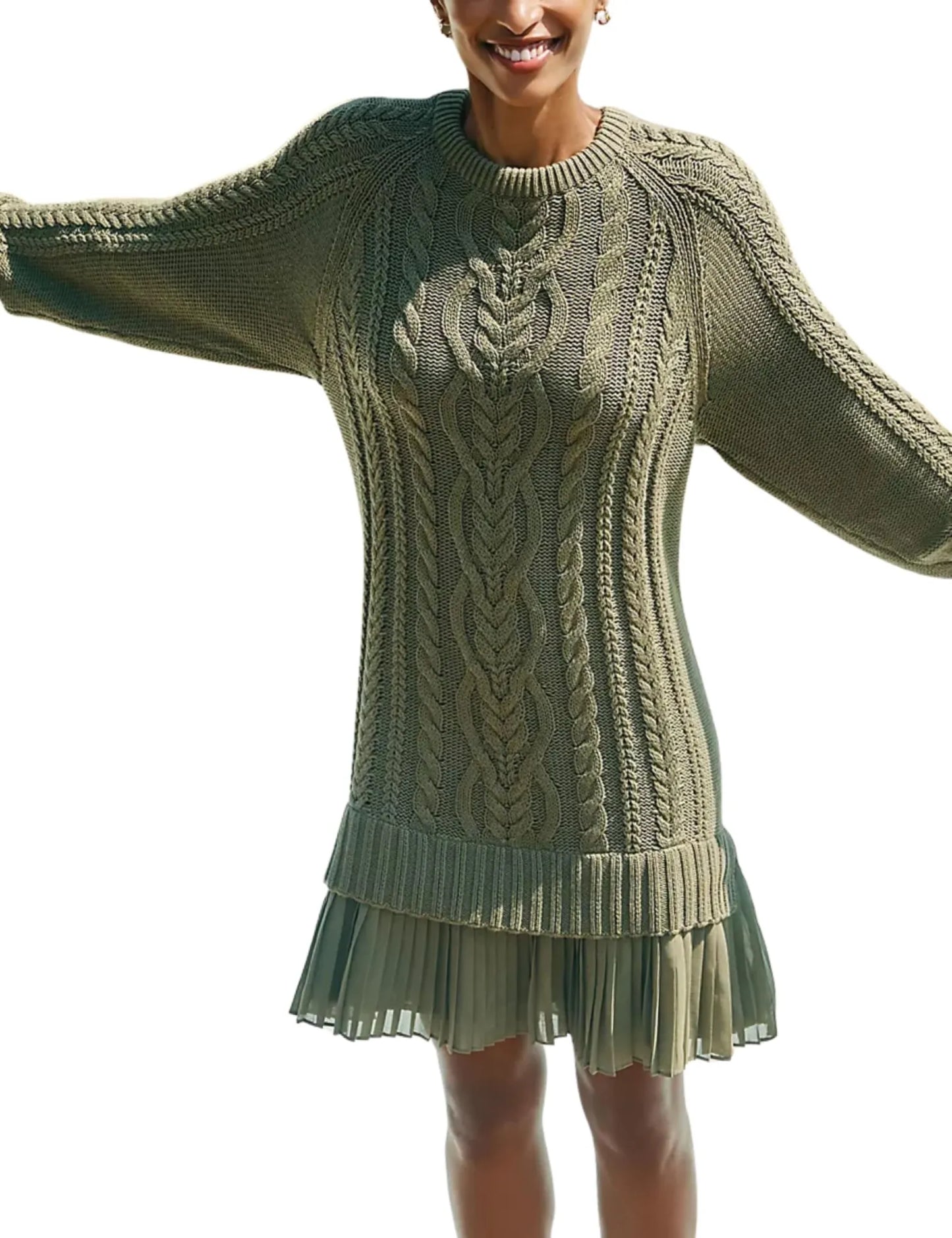 Women Crewneck Cable Knit Sweater Mini Dress
