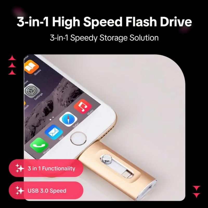 3 in 1 Flash Drive, Portable High Speed USB 3.0 Memory Storage