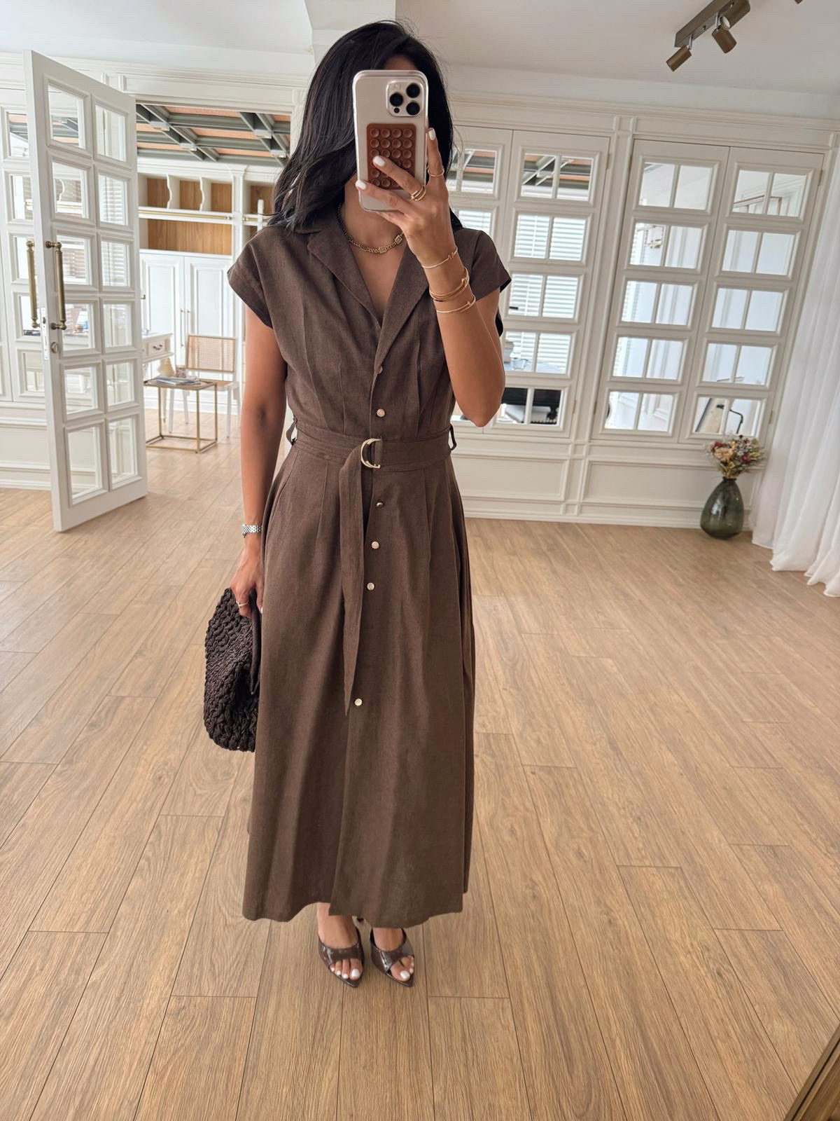 Omilika Gold Buttoned Belted Linen Dress