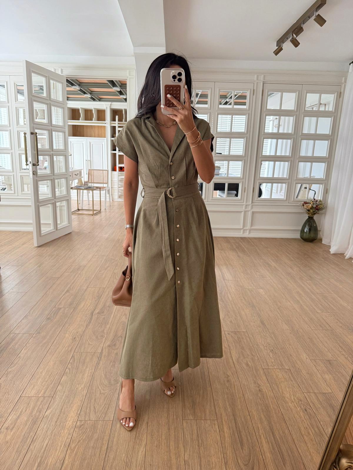 Omilika Gold Buttoned Belted Linen Dress