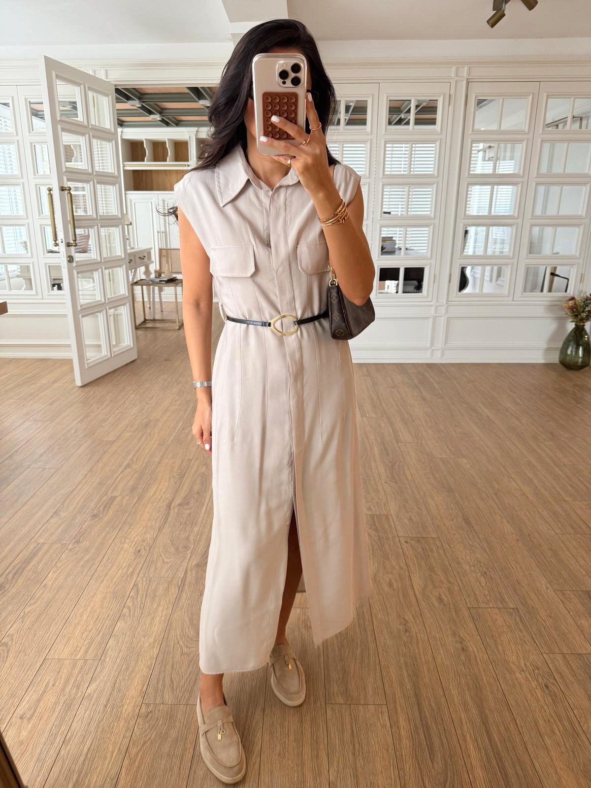 Parley Zero Sleeve Button Placket Belted Dress