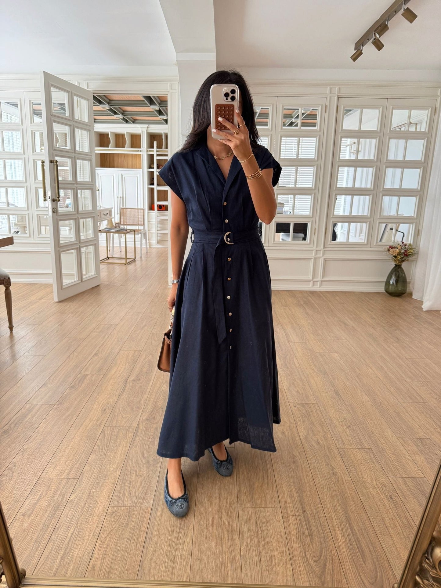 Omilika Gold Buttoned Belted Linen Dress