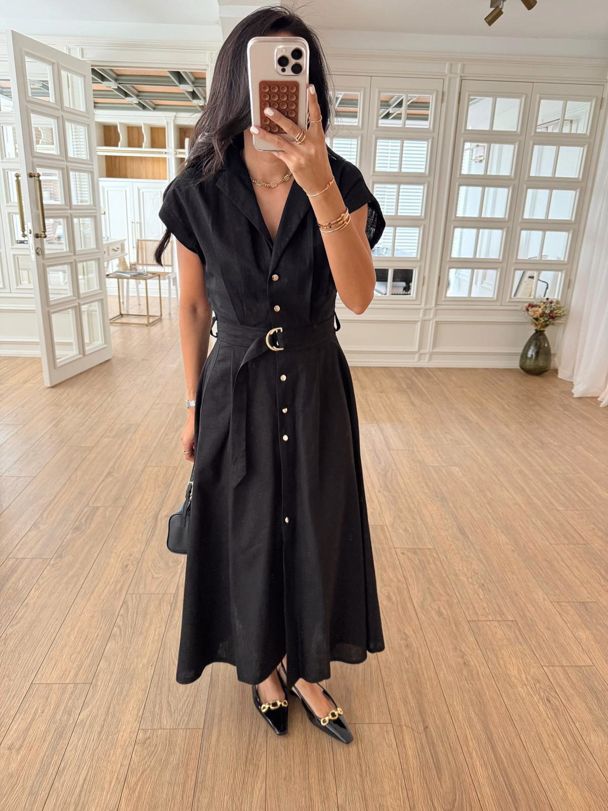 Omilika Gold Buttoned Belted Linen Dress