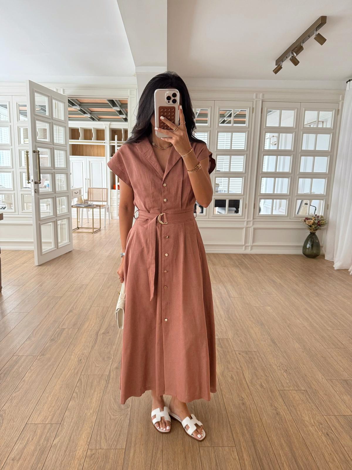 Omilika Gold Buttoned Belted Linen Dress