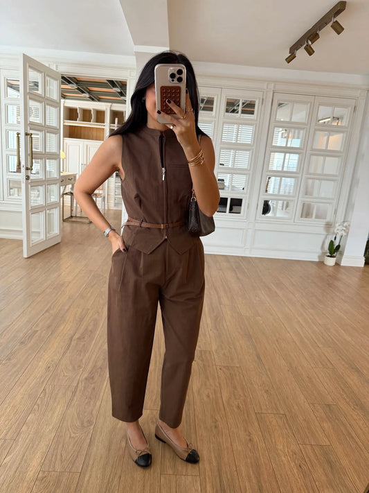 Qupix Brown Belted Gabardine Suit