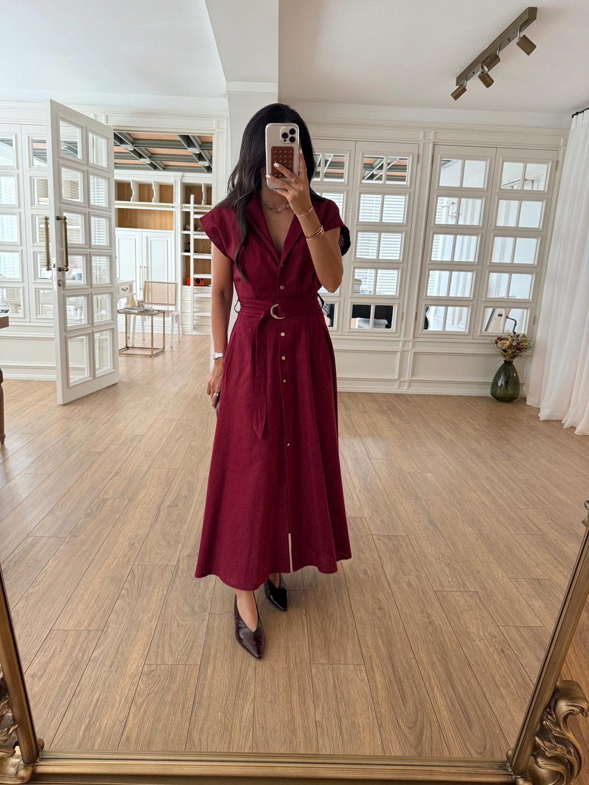 Omilika Gold Buttoned Belted Linen Dress