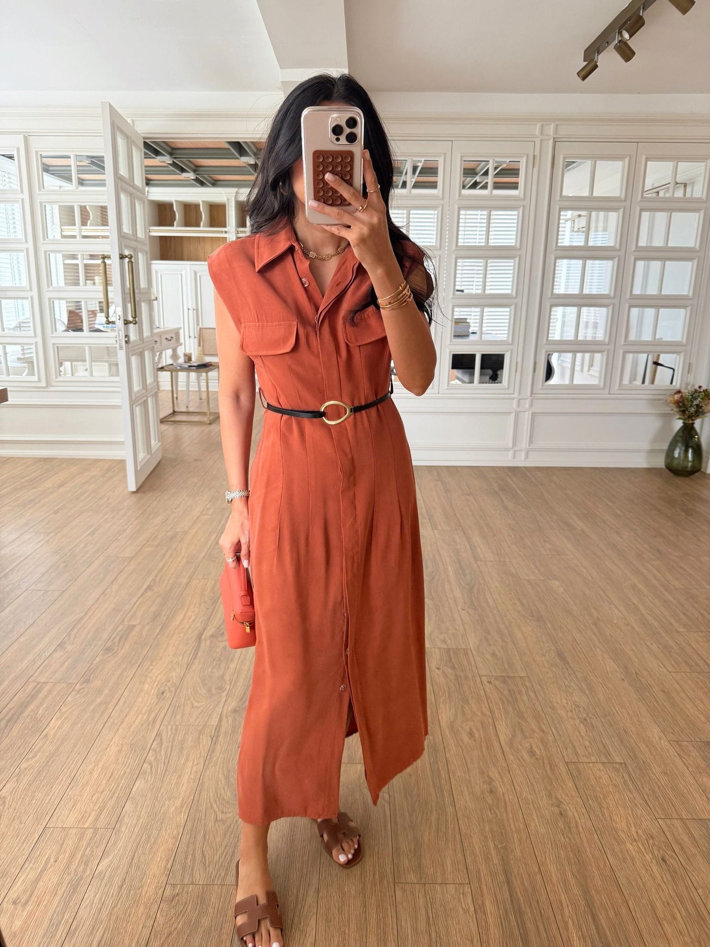 Parley Zero Sleeve Button Placket Belted Dress