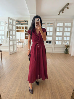 Omilika Gold Buttoned Belted Linen Dress