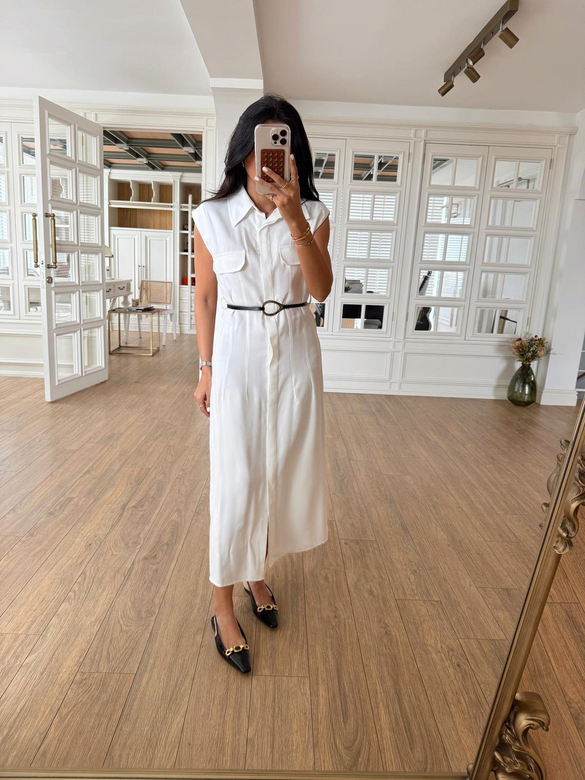 Parley Zero Sleeve Button Placket Belted Dress