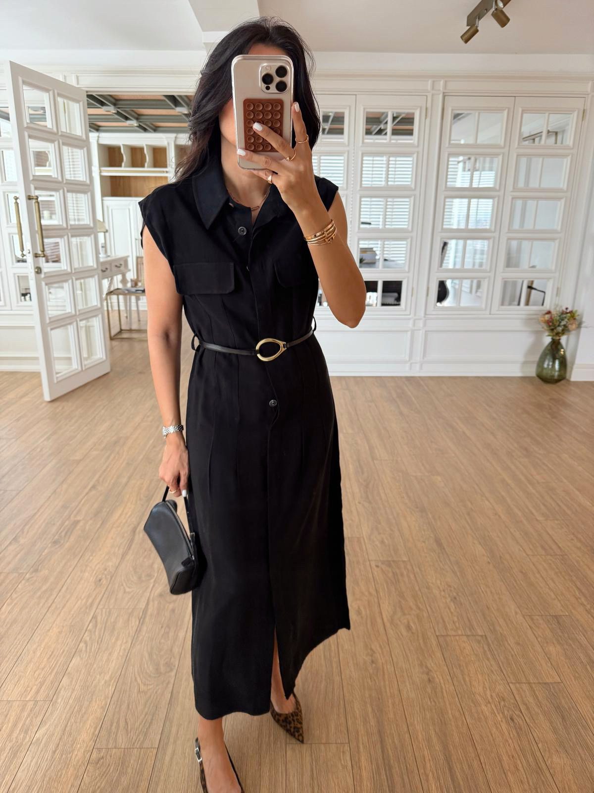 Parley Zero Sleeve Button Placket Belted Dress
