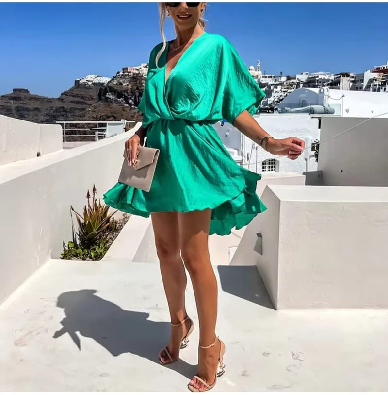 Sexy V Neck Dresses For Women Elegant Short Sleeve Solid A-line Loose Mini Dress