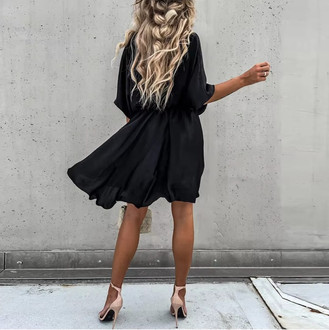 Sexy V Neck Dresses For Women Elegant Short Sleeve Solid A-line Loose Mini Dress