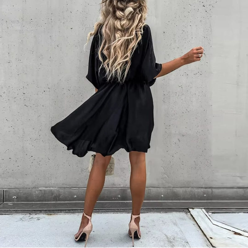 Sexy V Neck Dresses For Women Elegant Short Sleeve Solid A-line Loose Mini Dress