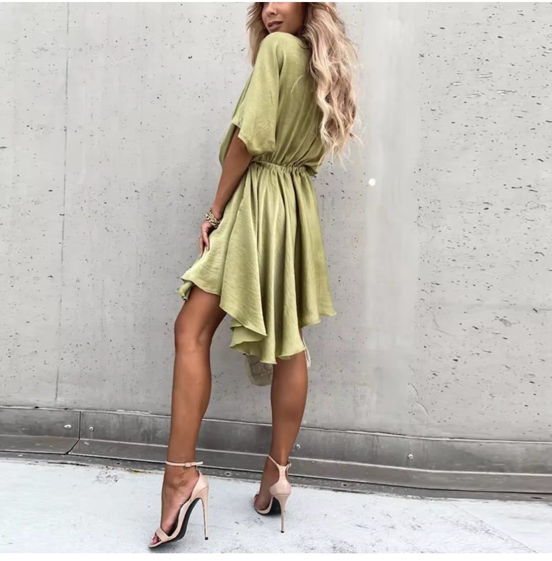 Sexy V Neck Dresses For Women Elegant Short Sleeve Solid A-line Loose Mini Dress