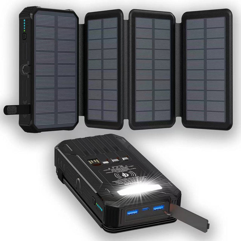 20000mAh Solar Power Bank with Foldable Panels, Wireless Charging & LED Flashlight
