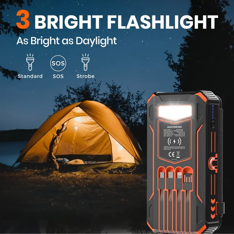 20000mAh Solar Power Bank with Foldable Panels, Wireless Charging & LED Flashlight