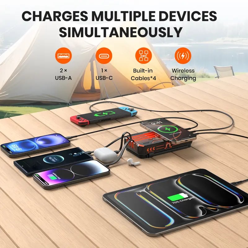 20000mAh Solar Power Bank with Foldable Panels, Wireless Charging & LED Flashlight