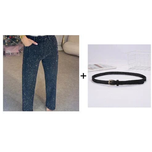 Straight Leg Jeans With Rhinestones