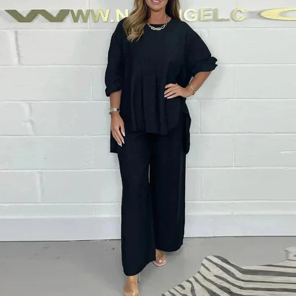 High set and wide leg trousers with long sleeves for women