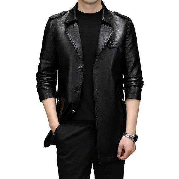 Men's Mid-Length Faux Leather Coat