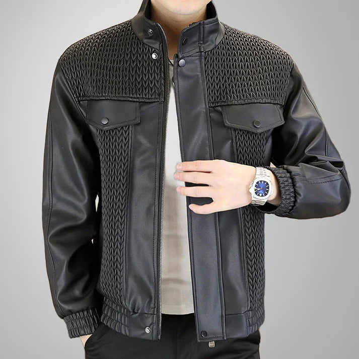 Men's Fashion Barley-Weave Leather Jacket